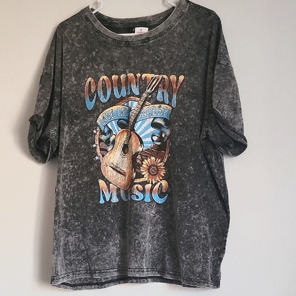 Country Music Graphic Tee Gray Acid-Wash